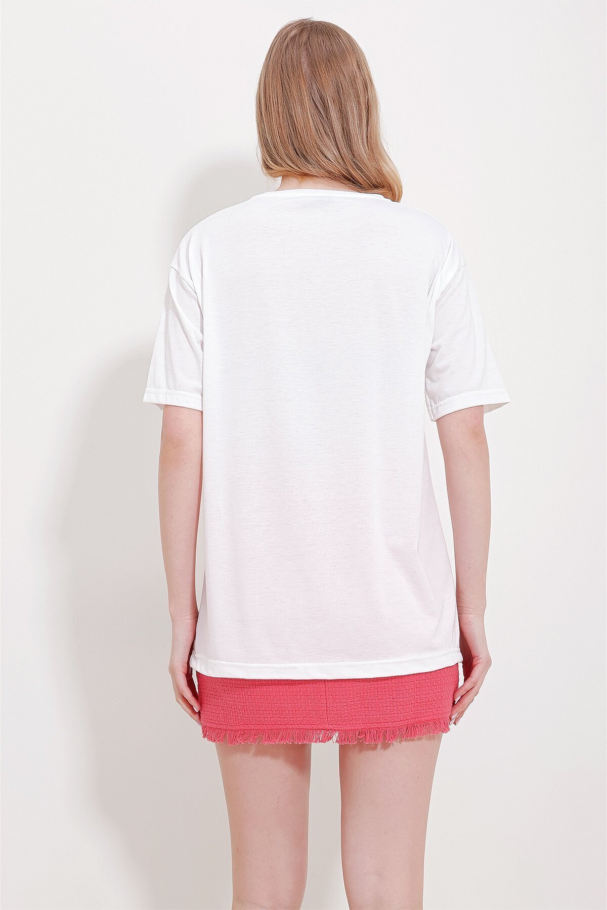 Pembe Bisiklet Yaka Baskılı Oversize Pamuklu T-Shirt