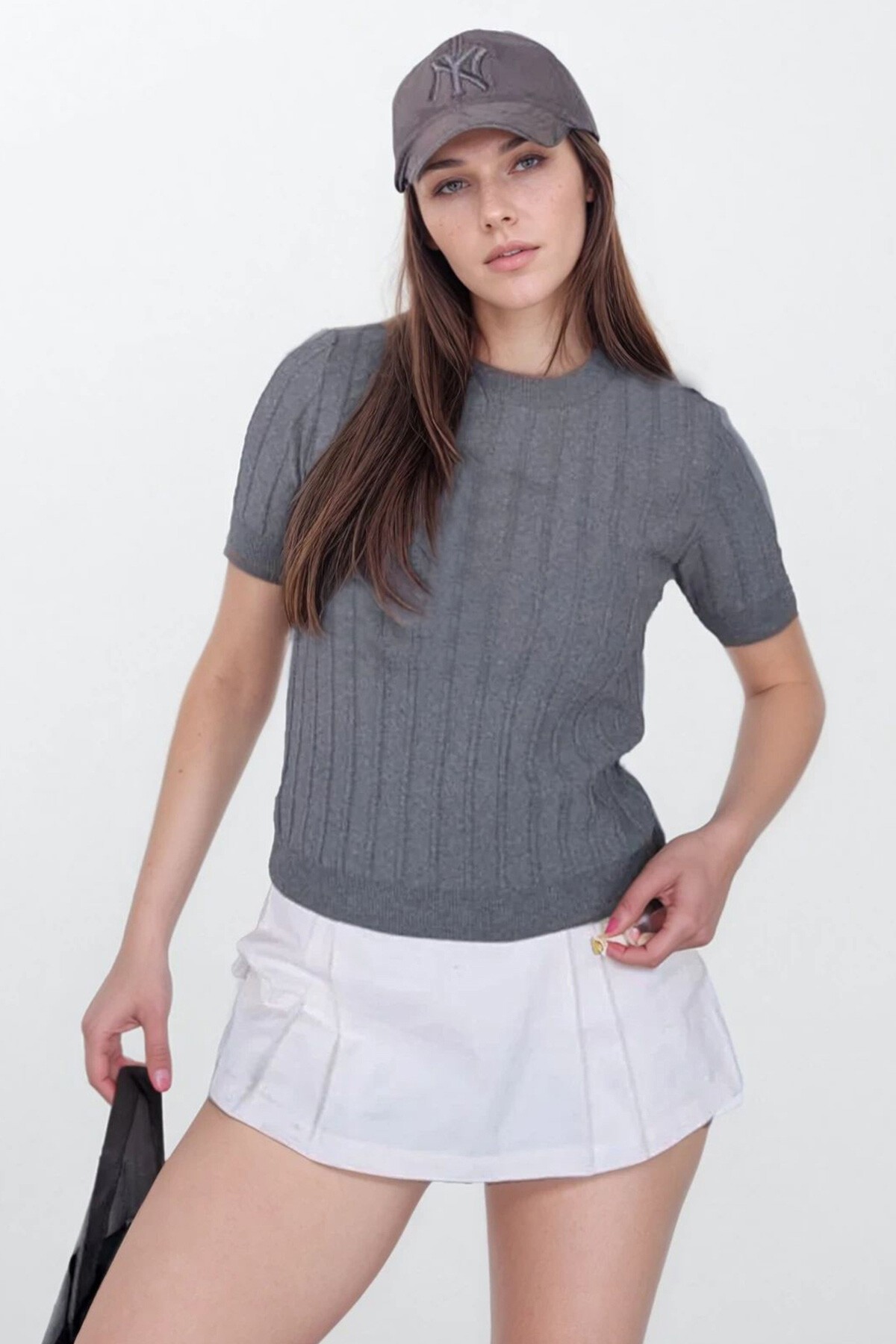 Antrasit Bisiklet Yaka Fitilli Triko Bluz