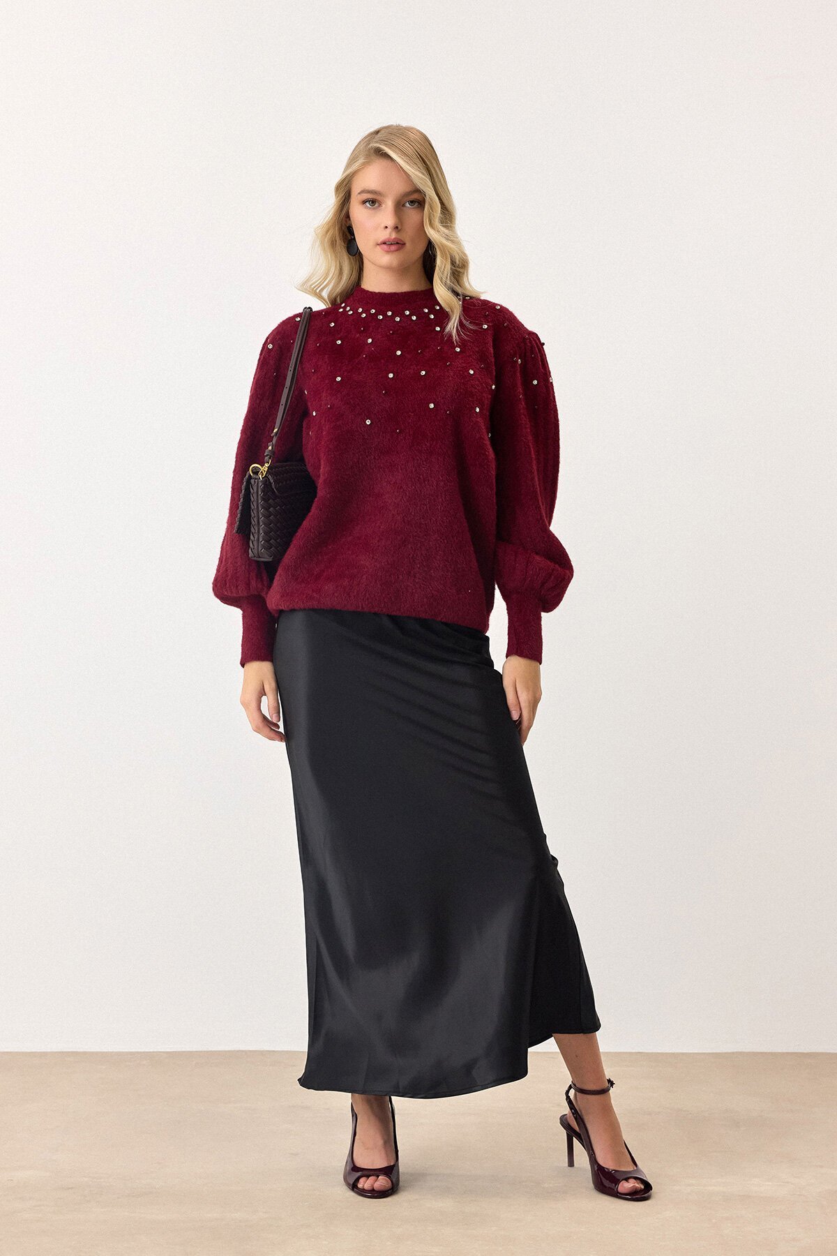 Bordo Bisiklet Yaka İncili Triko Kazak