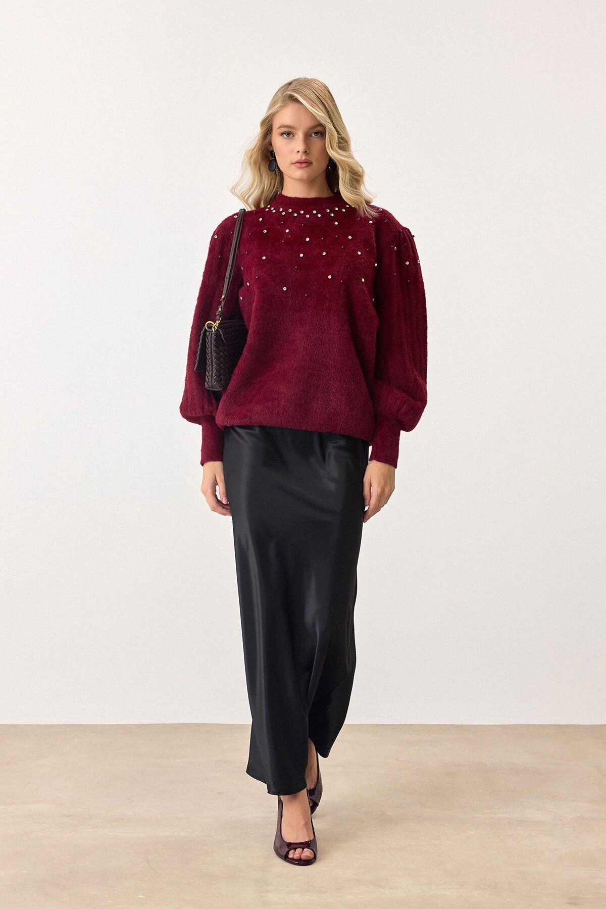 Bordo Bisiklet Yaka İncili Triko Kazak