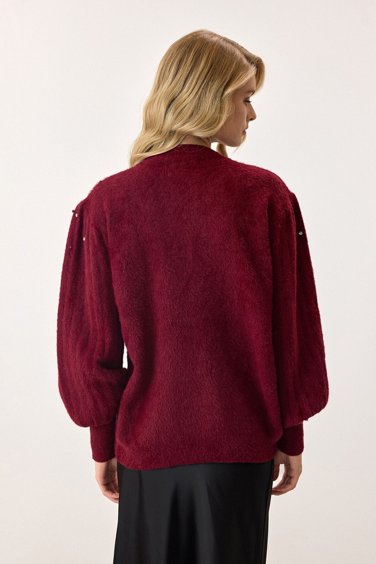 Bordo Bisiklet Yaka İncili Triko Kazak