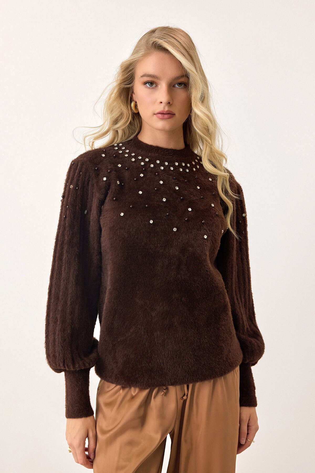 Acı Kahve Bisiklet Yaka İncili Triko Kazak