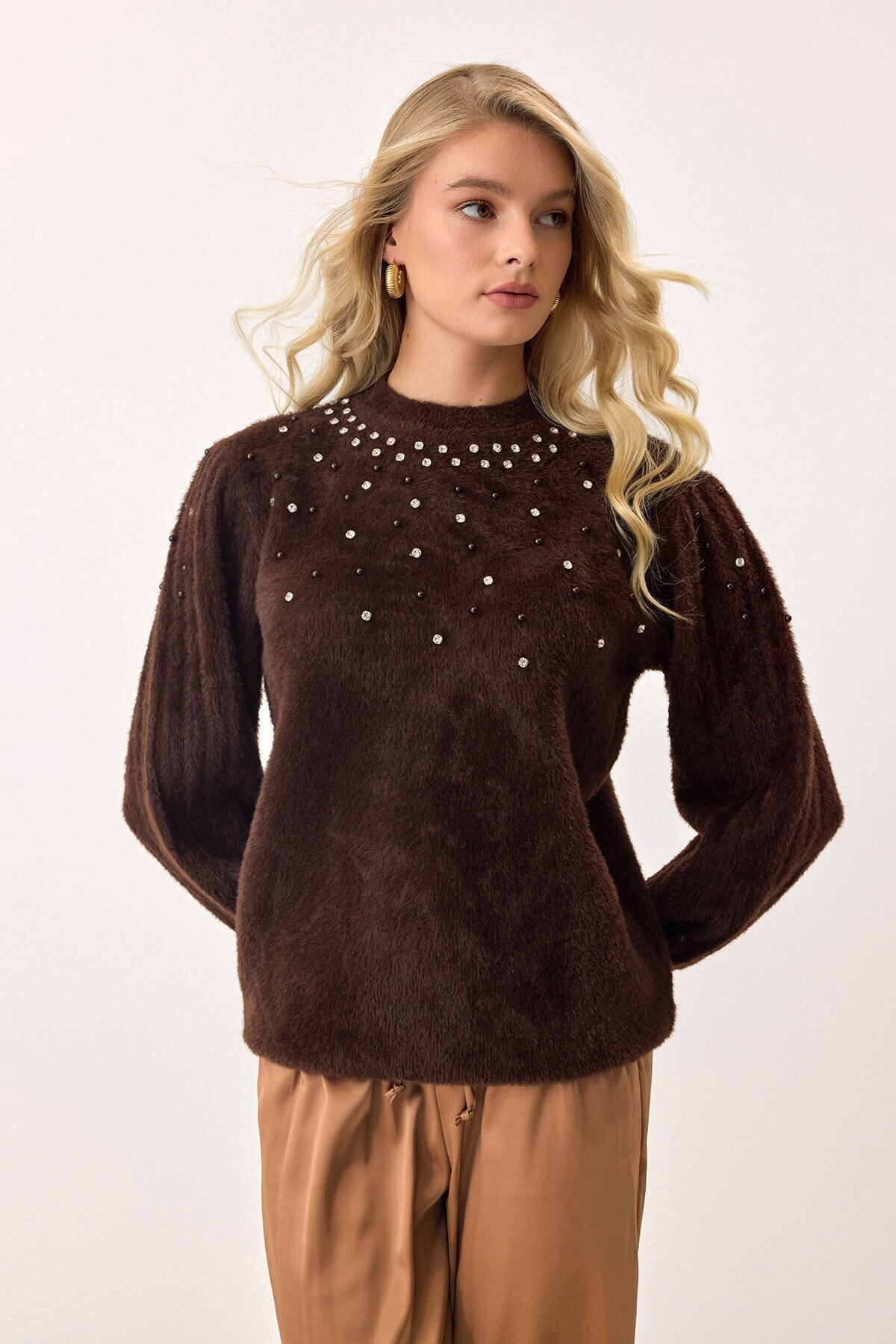 Acı Kahve Bisiklet Yaka İncili Triko Kazak