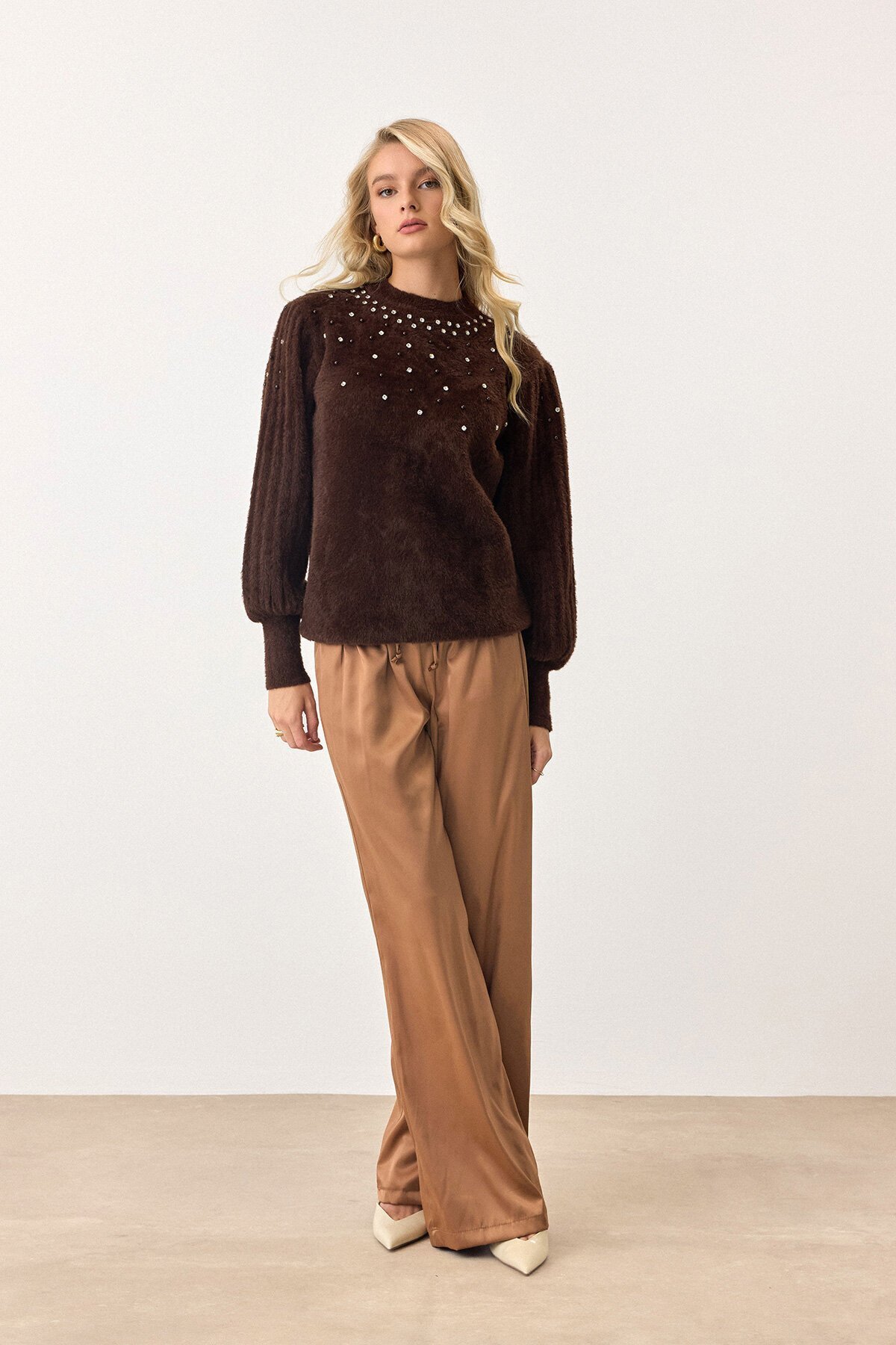 Acı Kahve Bisiklet Yaka İncili Triko Kazak