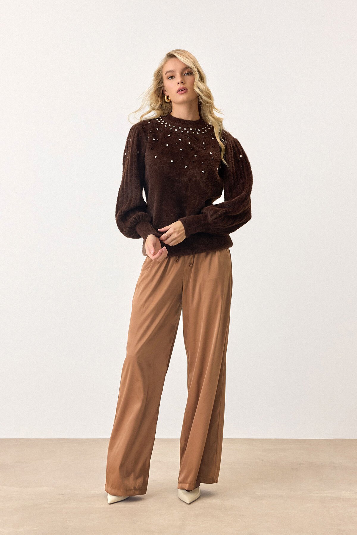 Acı Kahve Bisiklet Yaka İncili Triko Kazak