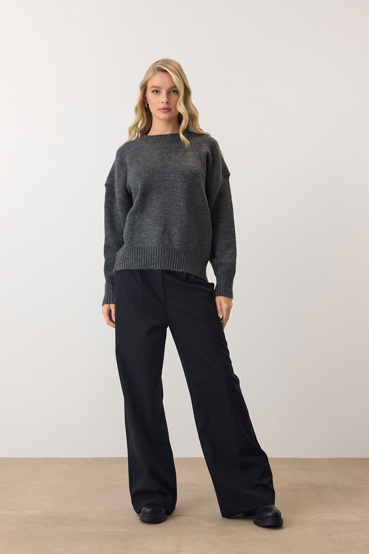 Antrasit Bisiklet Yaka Oversize Triko Kazak