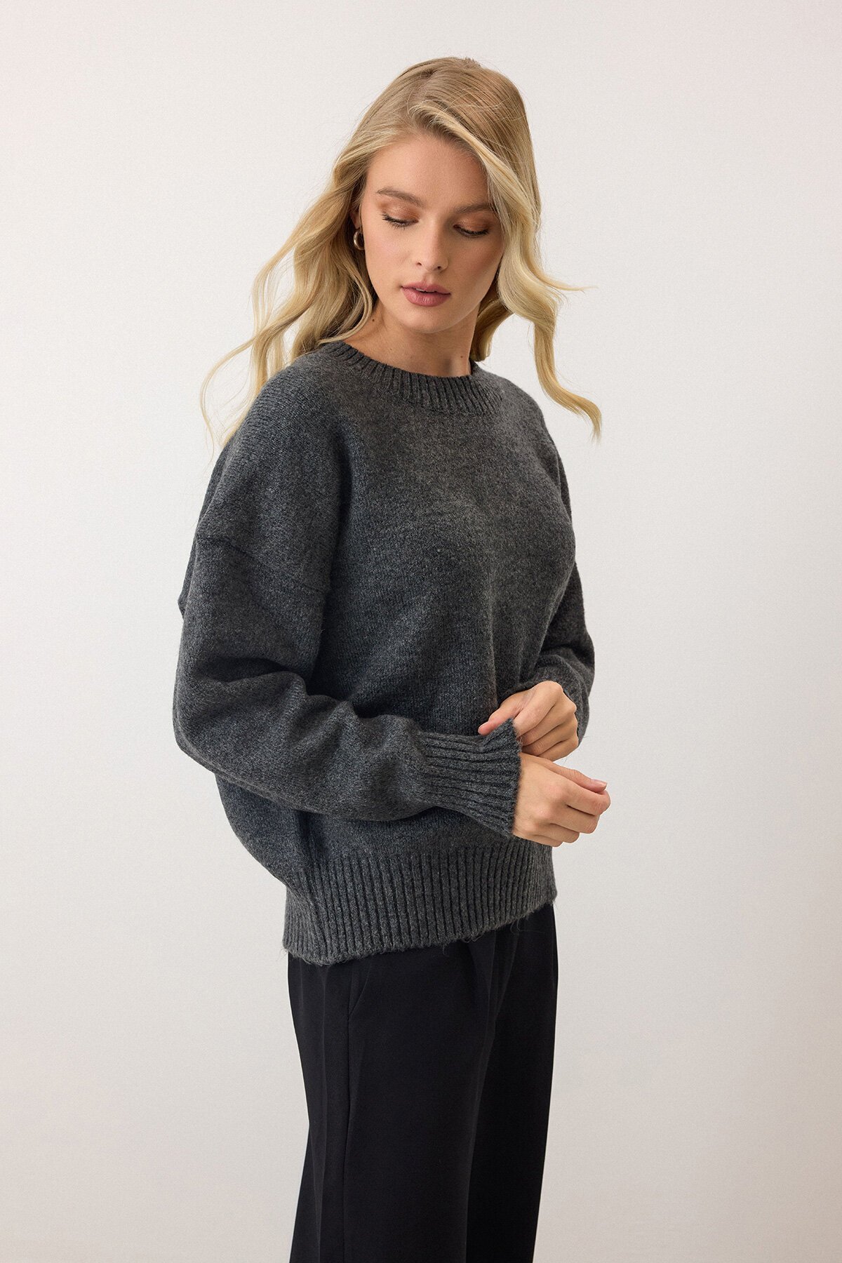 Antrasit Bisiklet Yaka Oversize Triko Kazak