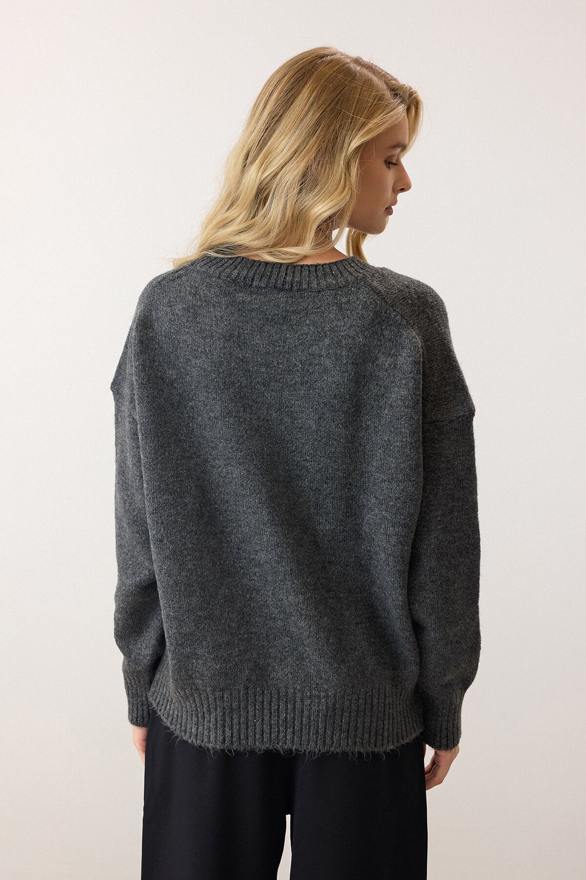 Antrasit Bisiklet Yaka Oversize Triko Kazak