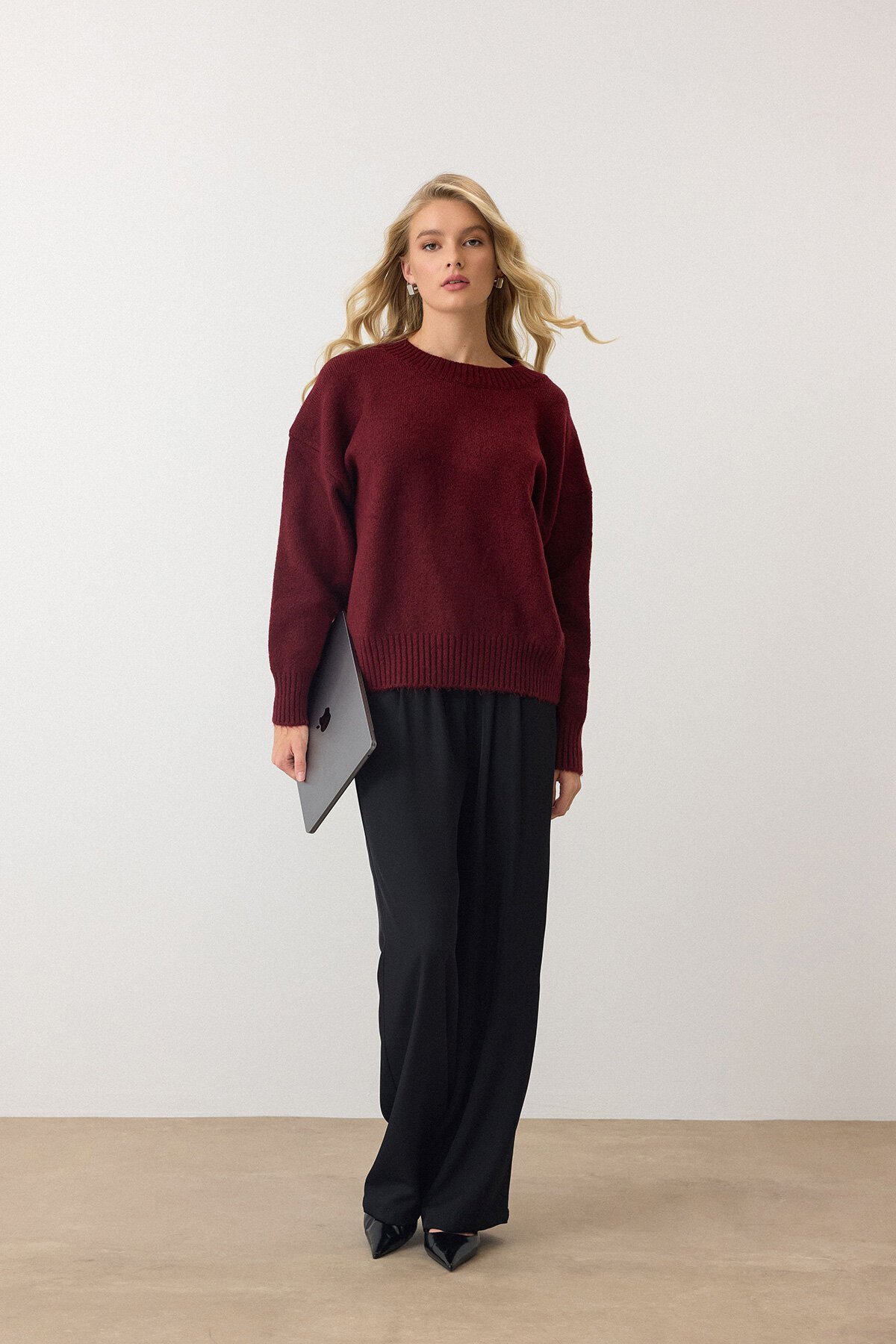 Bordo Bisiklet Yaka Oversize Triko Kazak