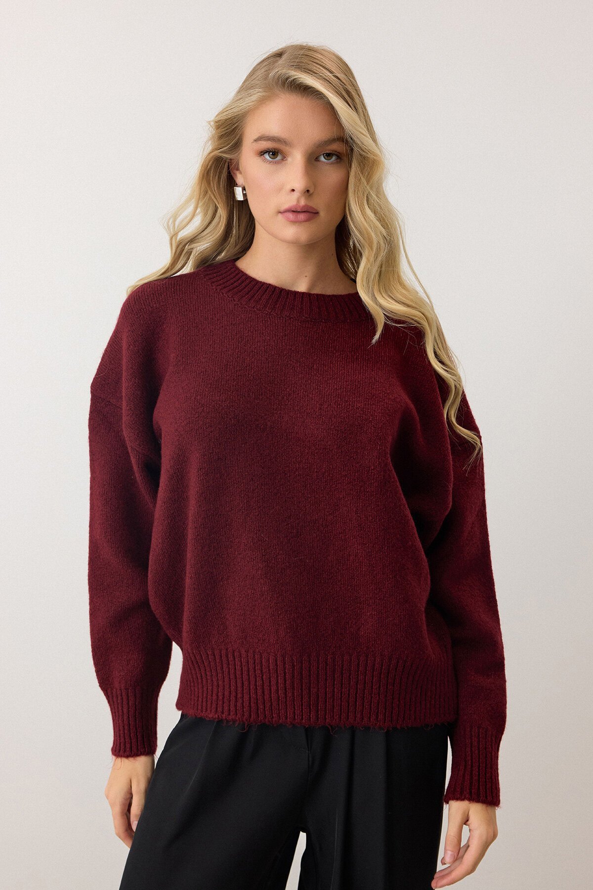 Bordo Bisiklet Yaka Oversize Triko Kazak