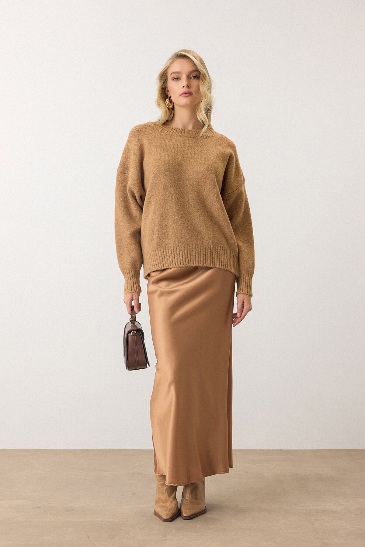 Camel Bisiklet Yaka Oversize Triko Kazak