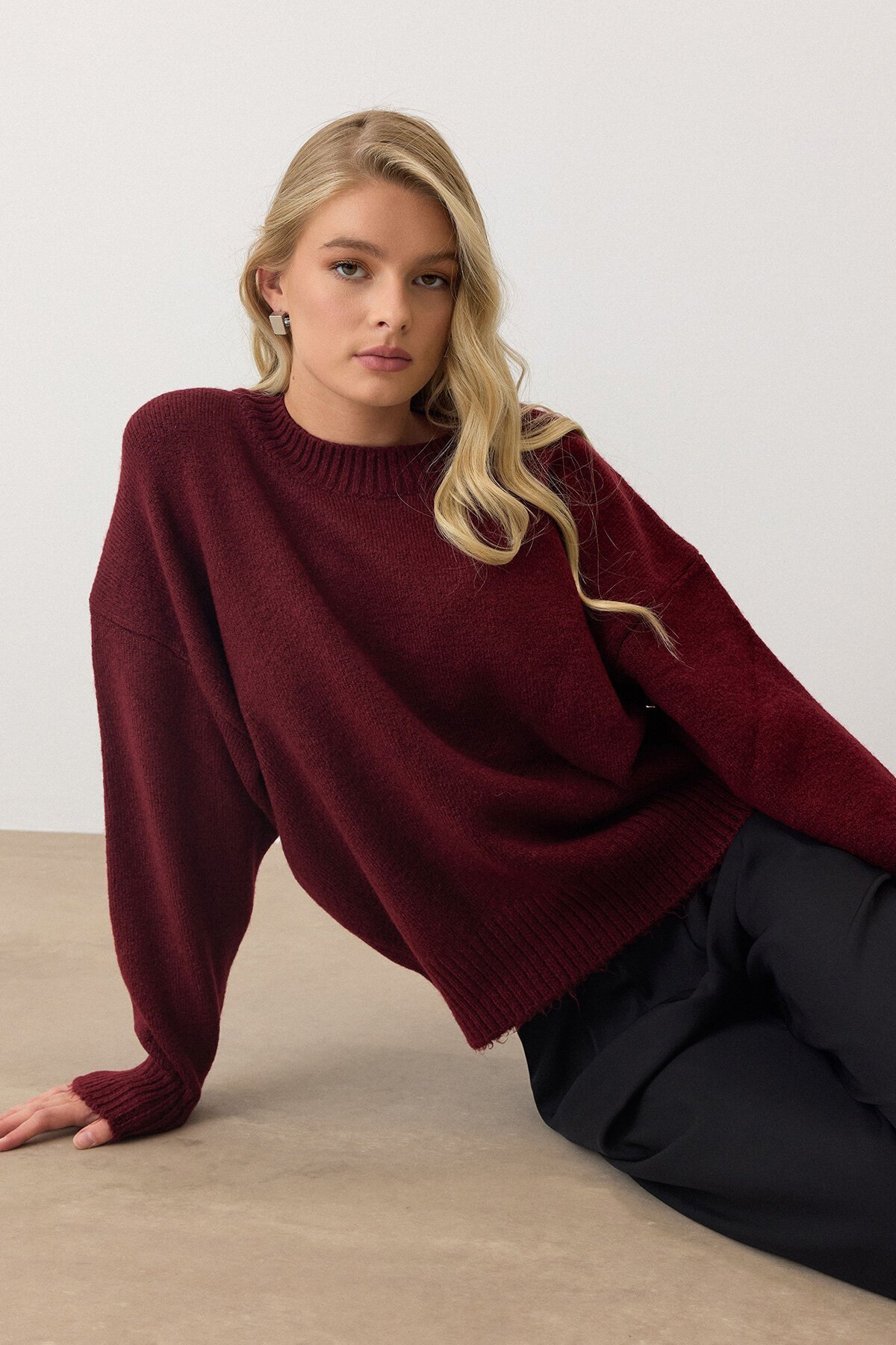 Bordo Bisiklet Yaka Oversize Triko Kazak