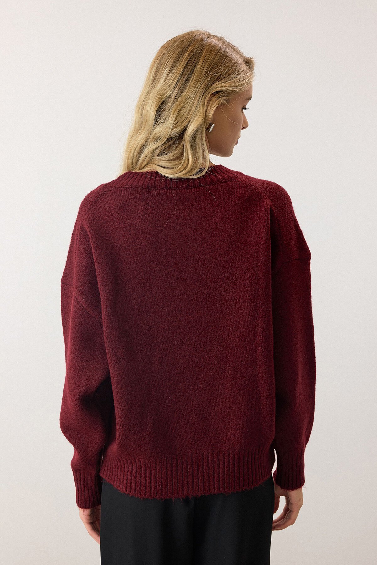 Bordo Bisiklet Yaka Oversize Triko Kazak