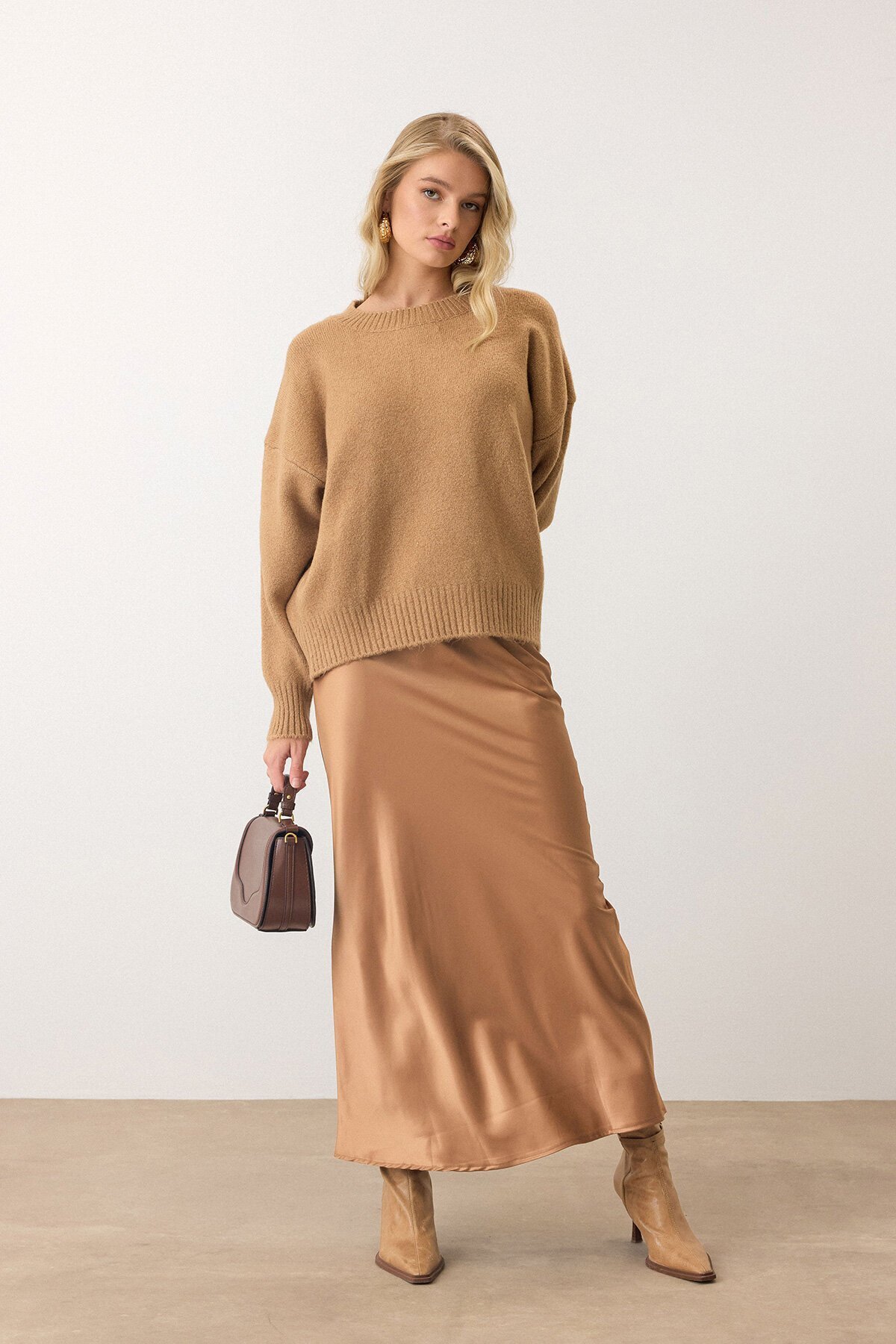 Camel Bisiklet Yaka Oversize Triko Kazak