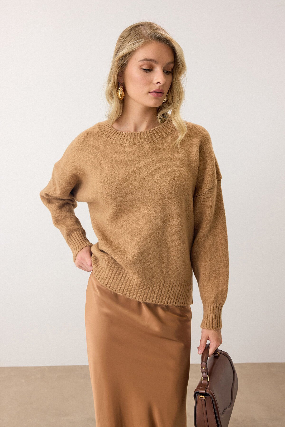 Camel Bisiklet Yaka Oversize Triko Kazak