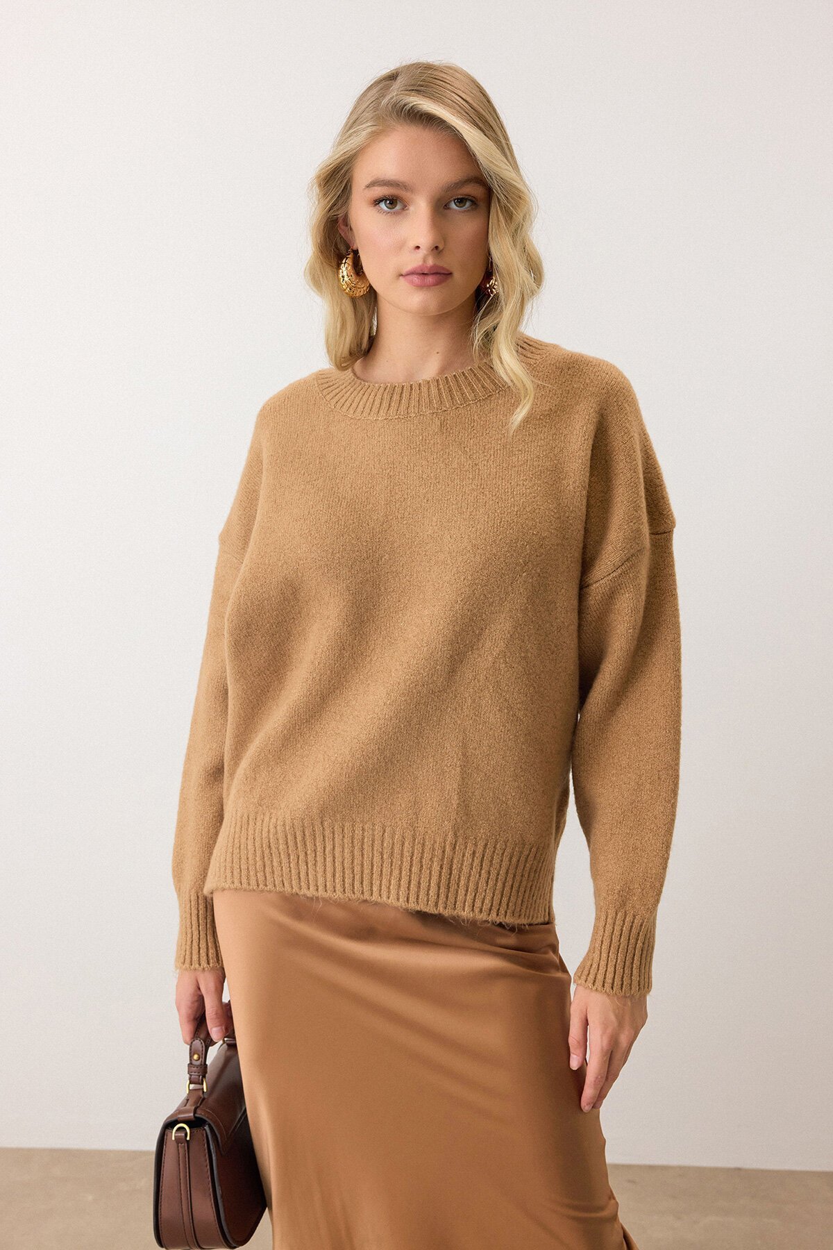 Camel Bisiklet Yaka Oversize Triko Kazak