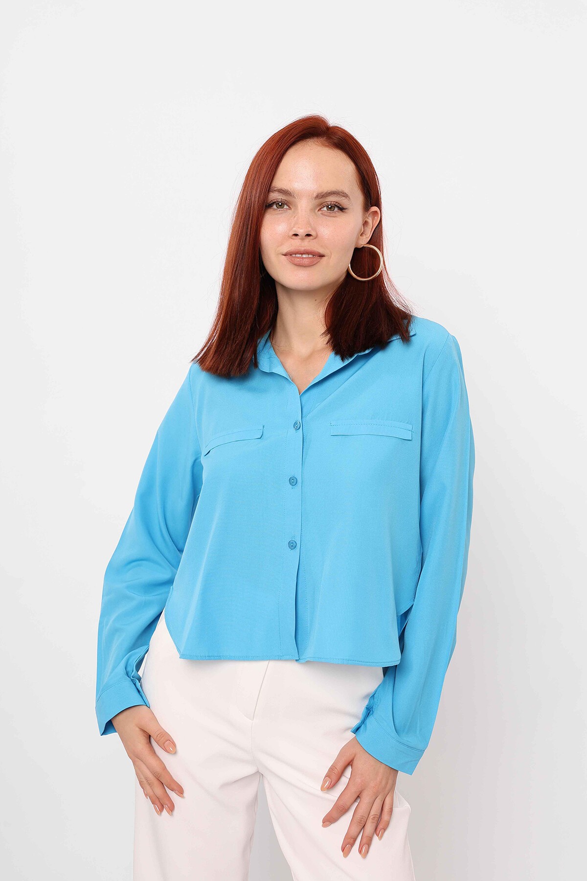 Petrol Cep Detaylı Oversize Gömlek