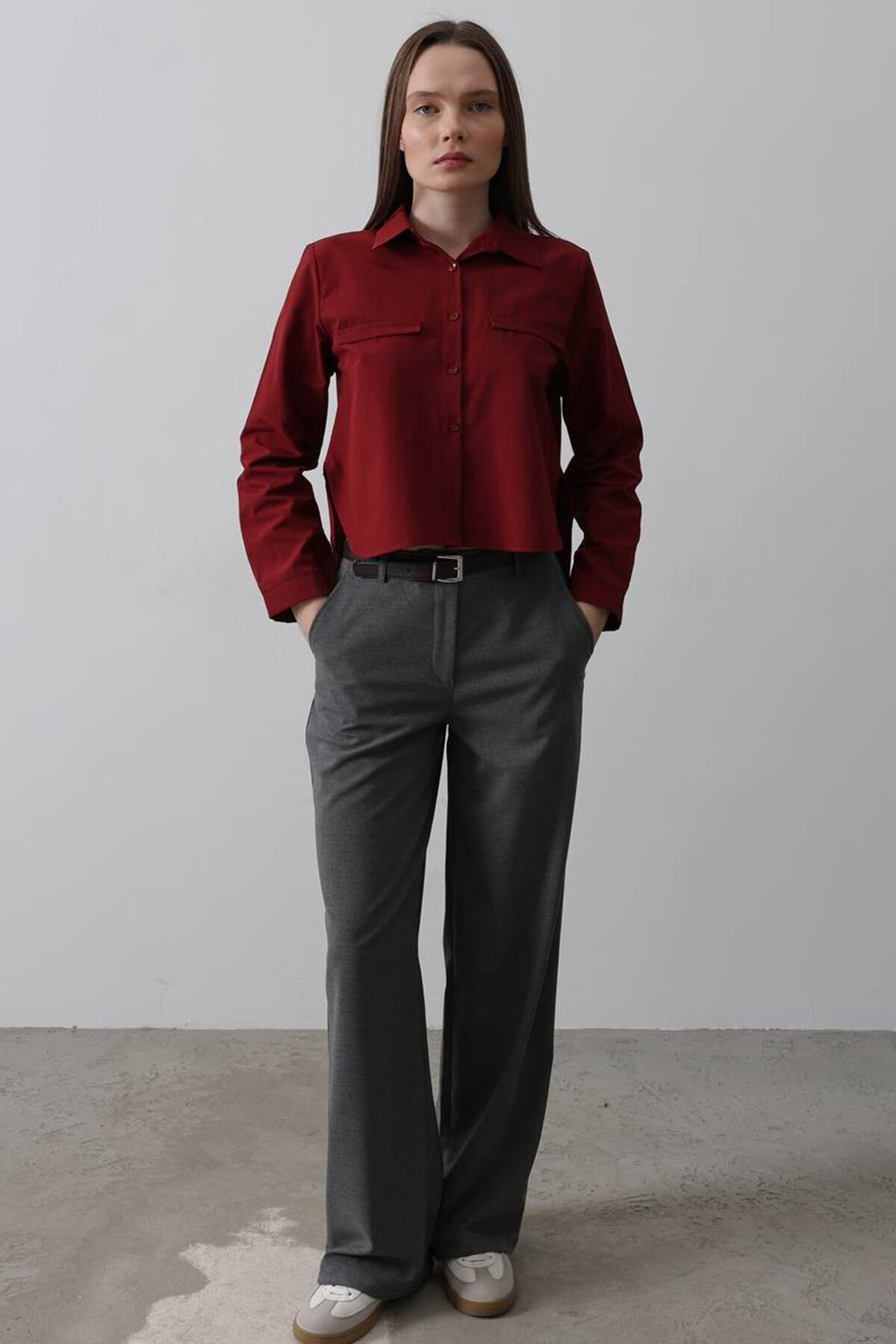 Kırmızı Cep Detaylı Oversize Gömlek