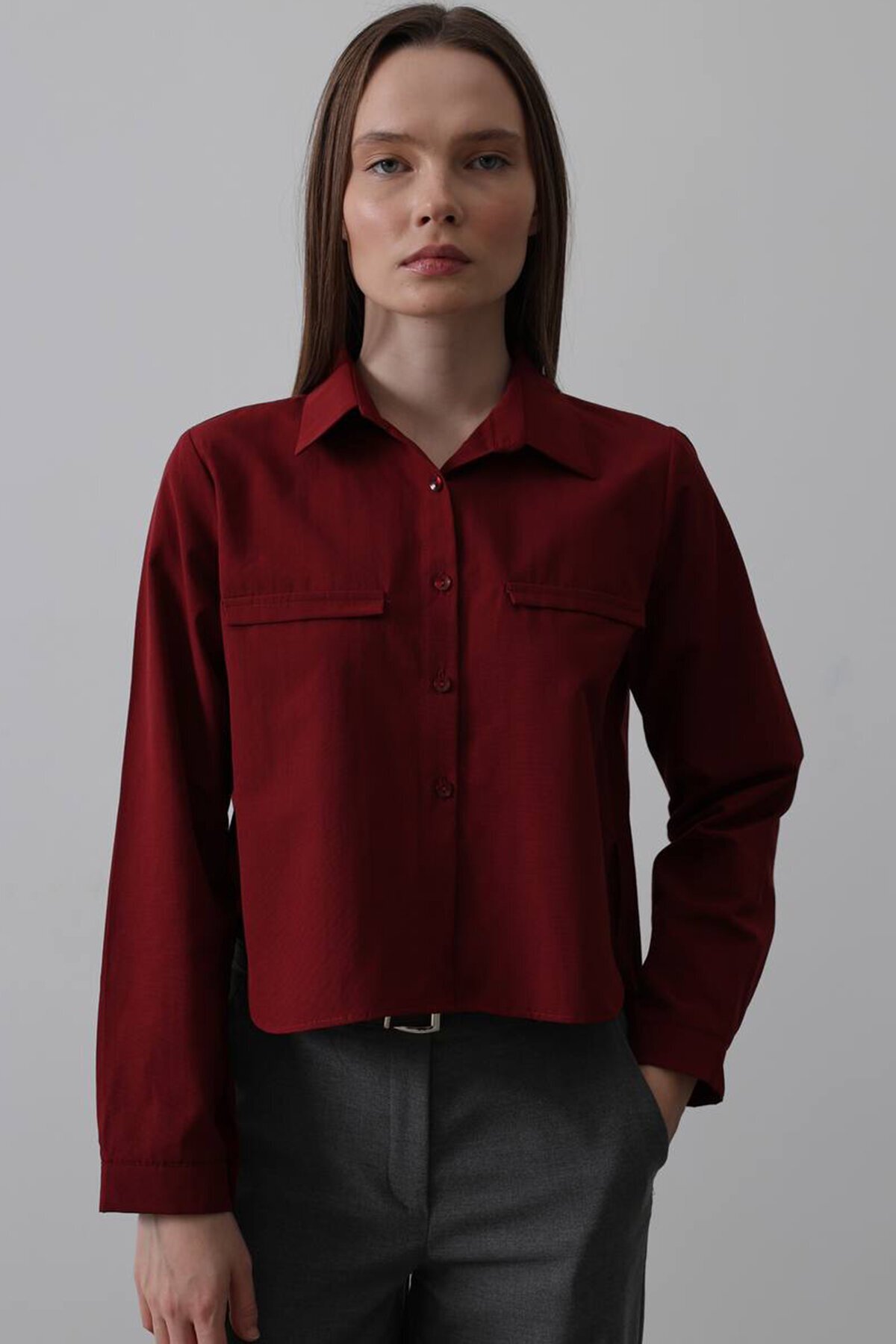 Kırmızı Cep Detaylı Oversize Gömlek