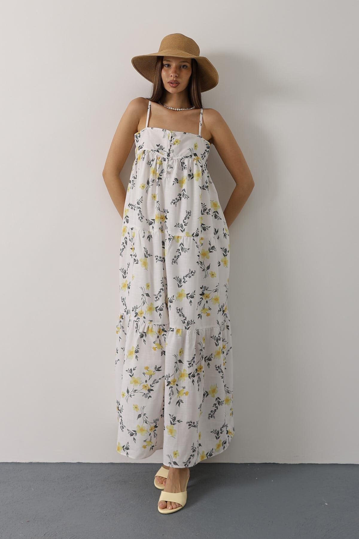 Sarı Çiçek Desen Askı Detaylı Cok Katlı Elbise