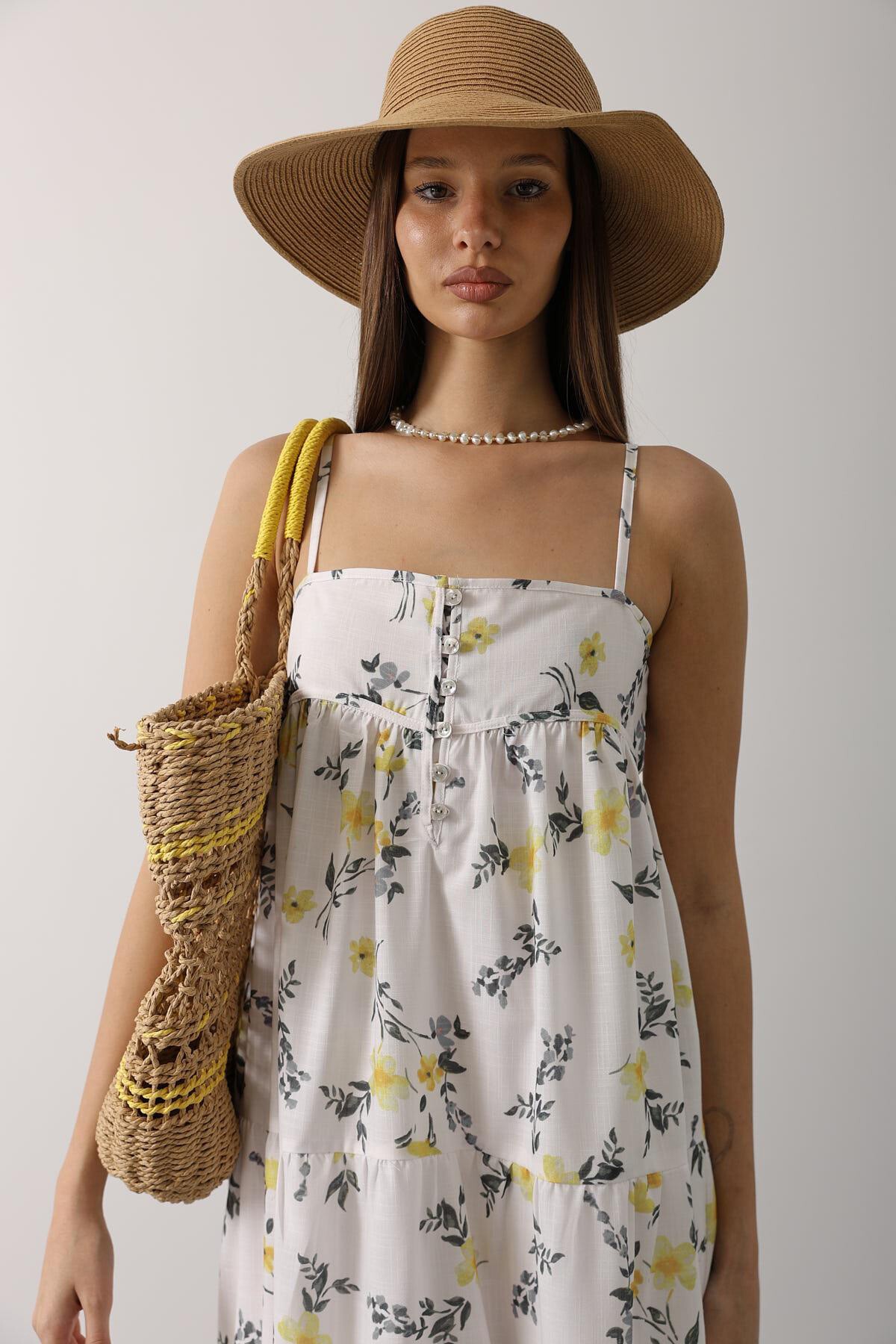 Sarı Çiçek Desen Askı Detaylı Cok Katlı Elbise