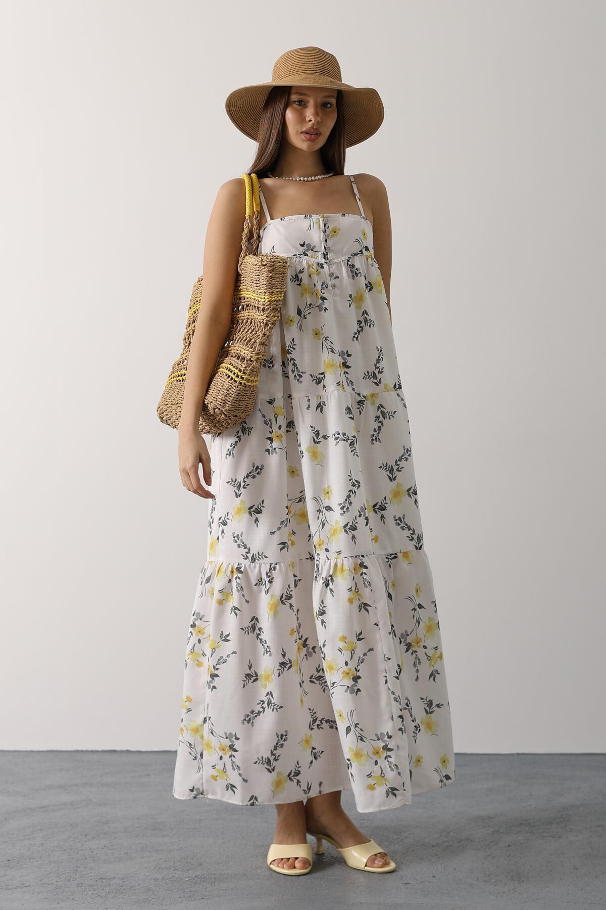 Sarı Çiçek Desen Askı Detaylı Cok Katlı Elbise