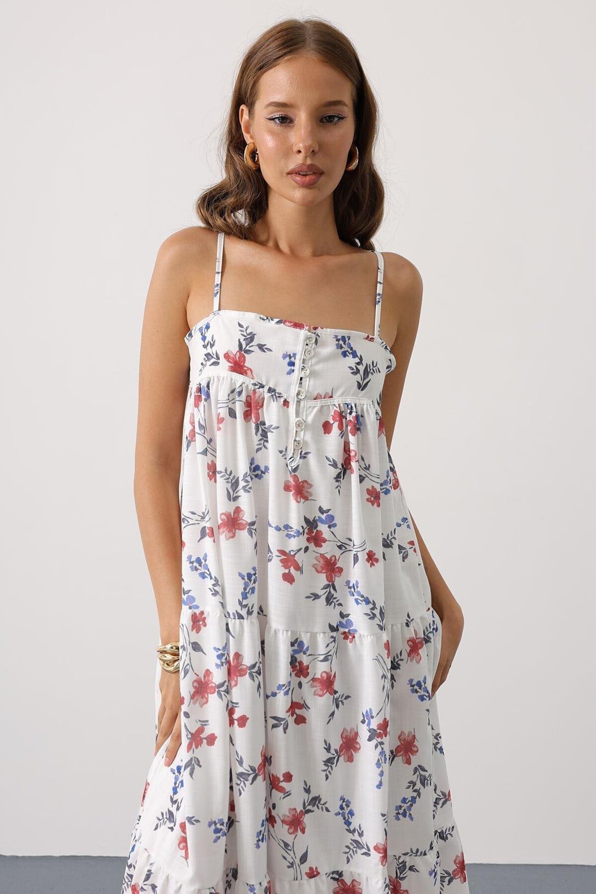 Kırmızı Çiçek Desen Askı Detaylı Cok Katlı Elbise