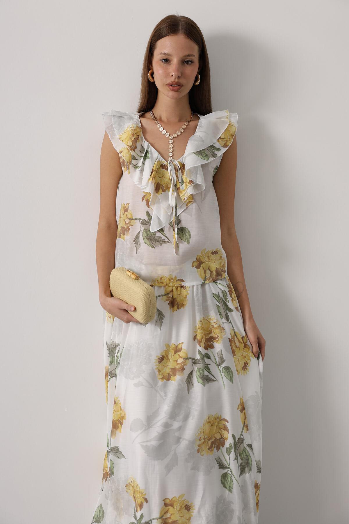 Sarı Çiçek Desen Yakası Fırfırlı Bluz