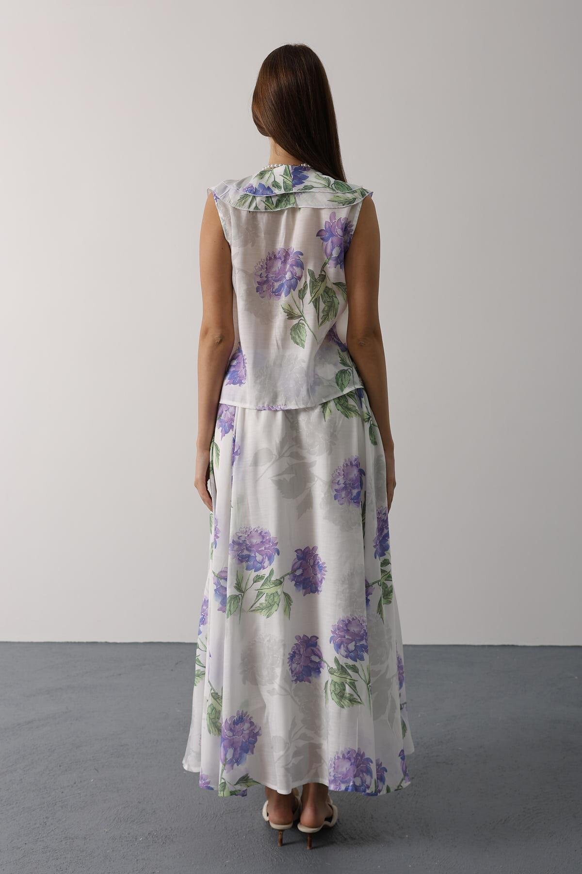 Lila Çiçek Desen Yakası Fırfırlı Bluz