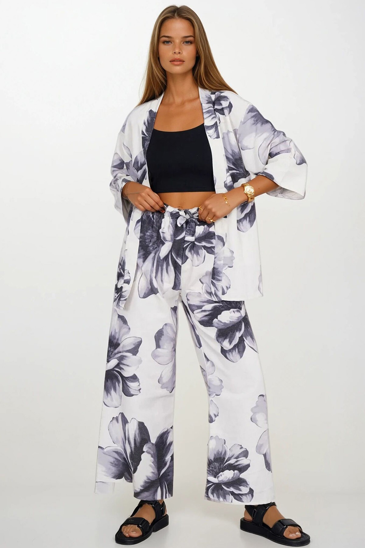 Antrasit Çiçek Desenli Kimono Hırka Ve Bağlamalı Pantolon Kimono Takım