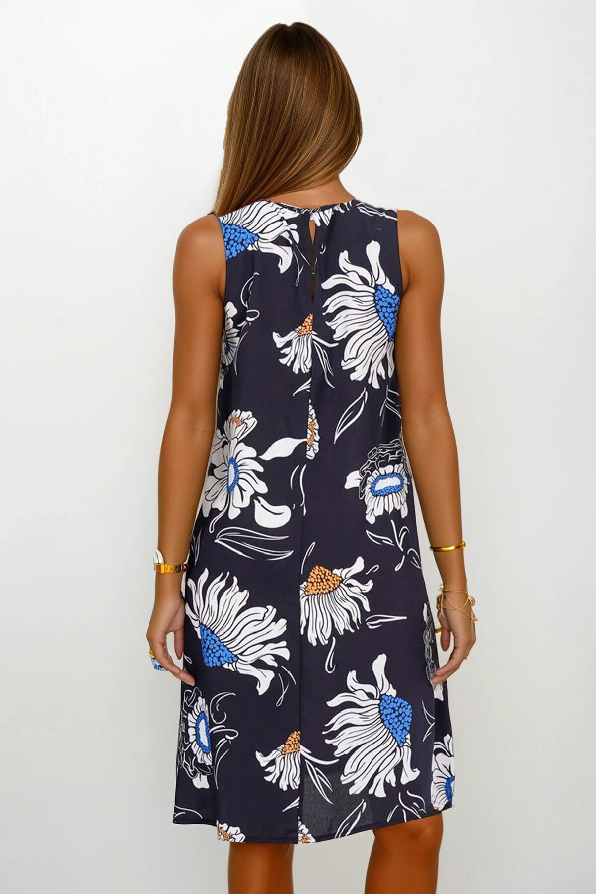 Lacivert Çiçek Desenli Kolsuz Midi Boy Elbise