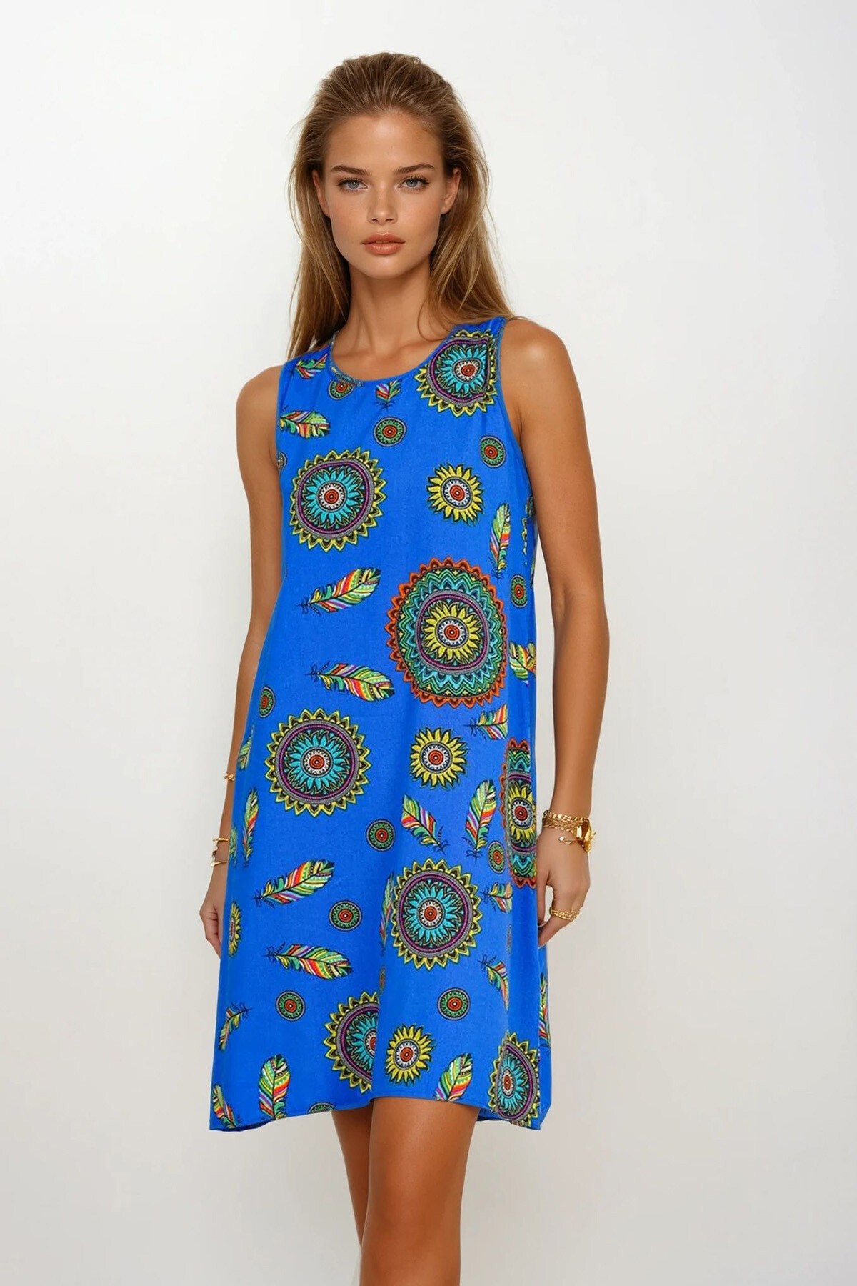 Saks Çiçek Desenli Kolsuz Midi Boy Elbise