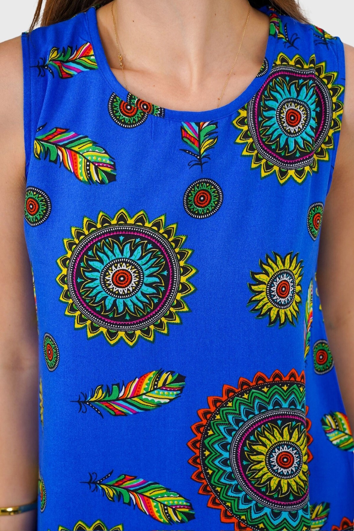 Saks Çiçek Desenli Kolsuz Midi Boy Elbise