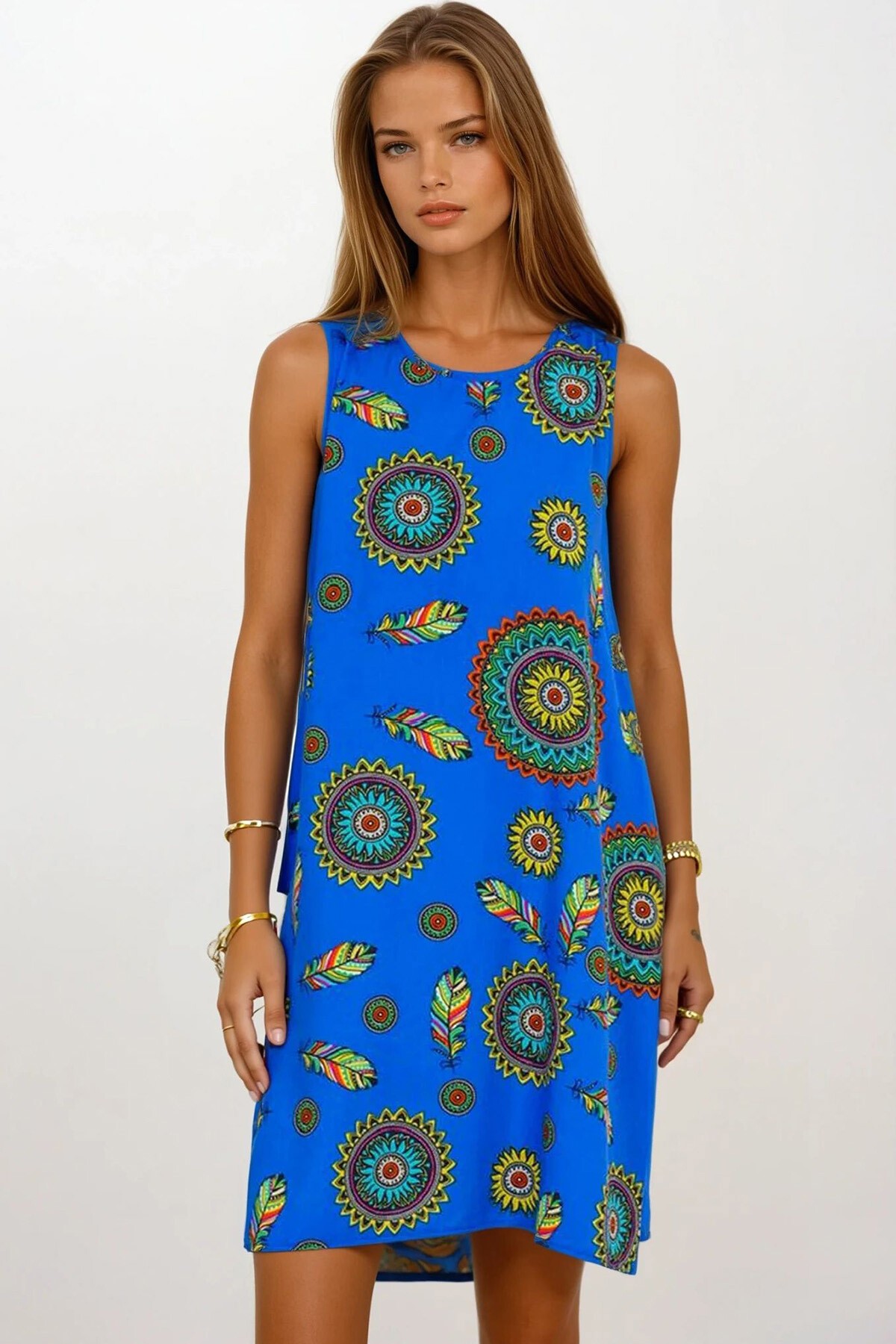 Saks Çiçek Desenli Kolsuz Midi Boy Elbise