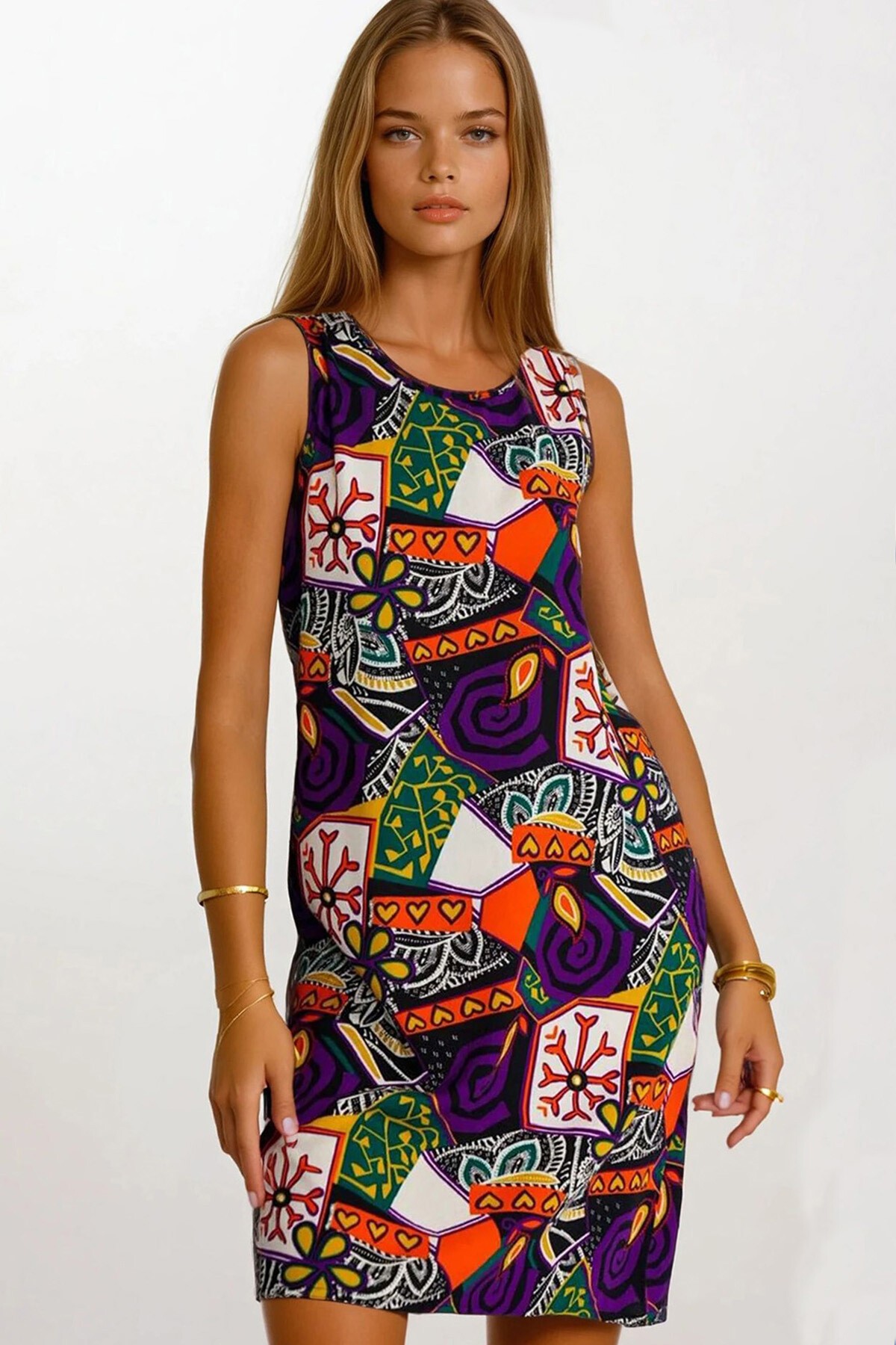 Mor Çiçek Desenli Kolsuz Midi Boy Elbise