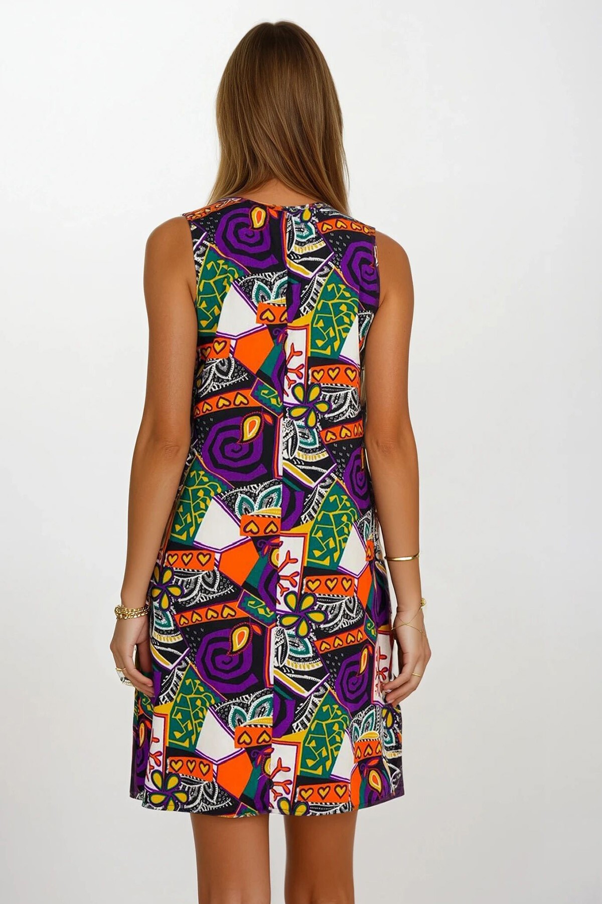 Mor Çiçek Desenli Kolsuz Midi Boy Elbise