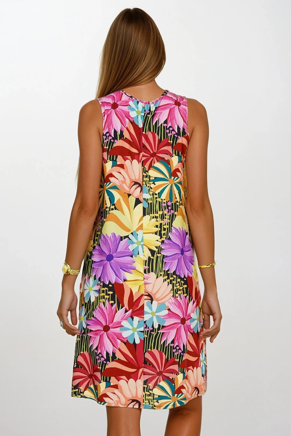 Sarı Fuşya Çiçek Desenli Kolsuz Midi Boy Elbise