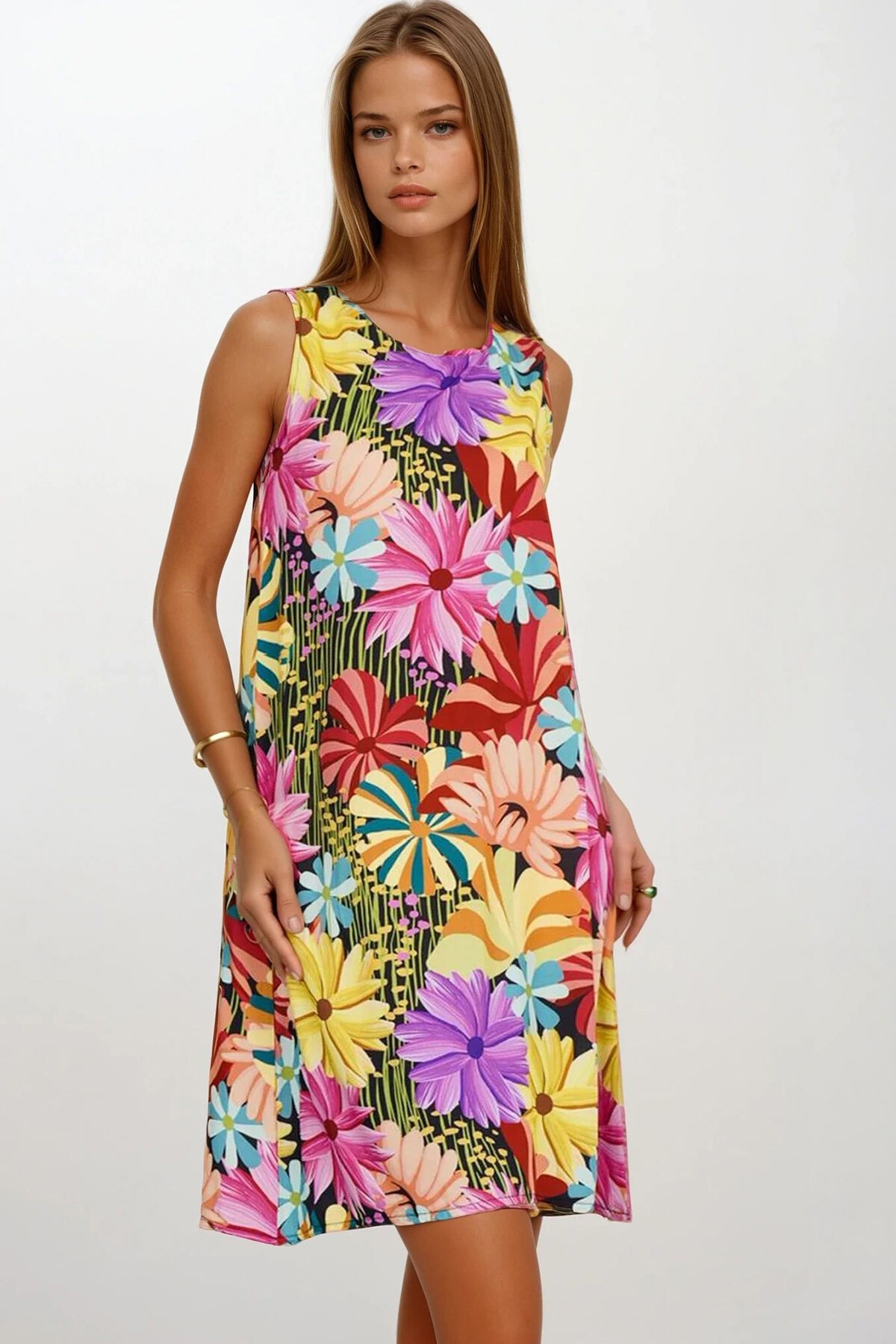 Sarı Fuşya Çiçek Desenli Kolsuz Midi Boy Elbise