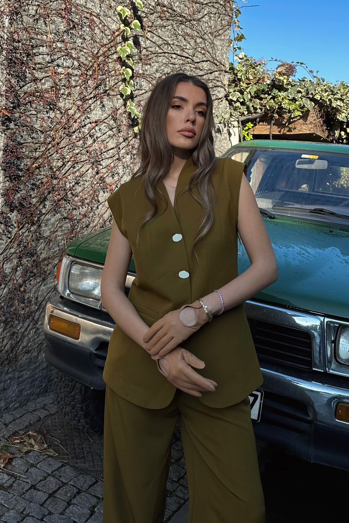 Haki Çift Cepli Düğmeli Yelek 