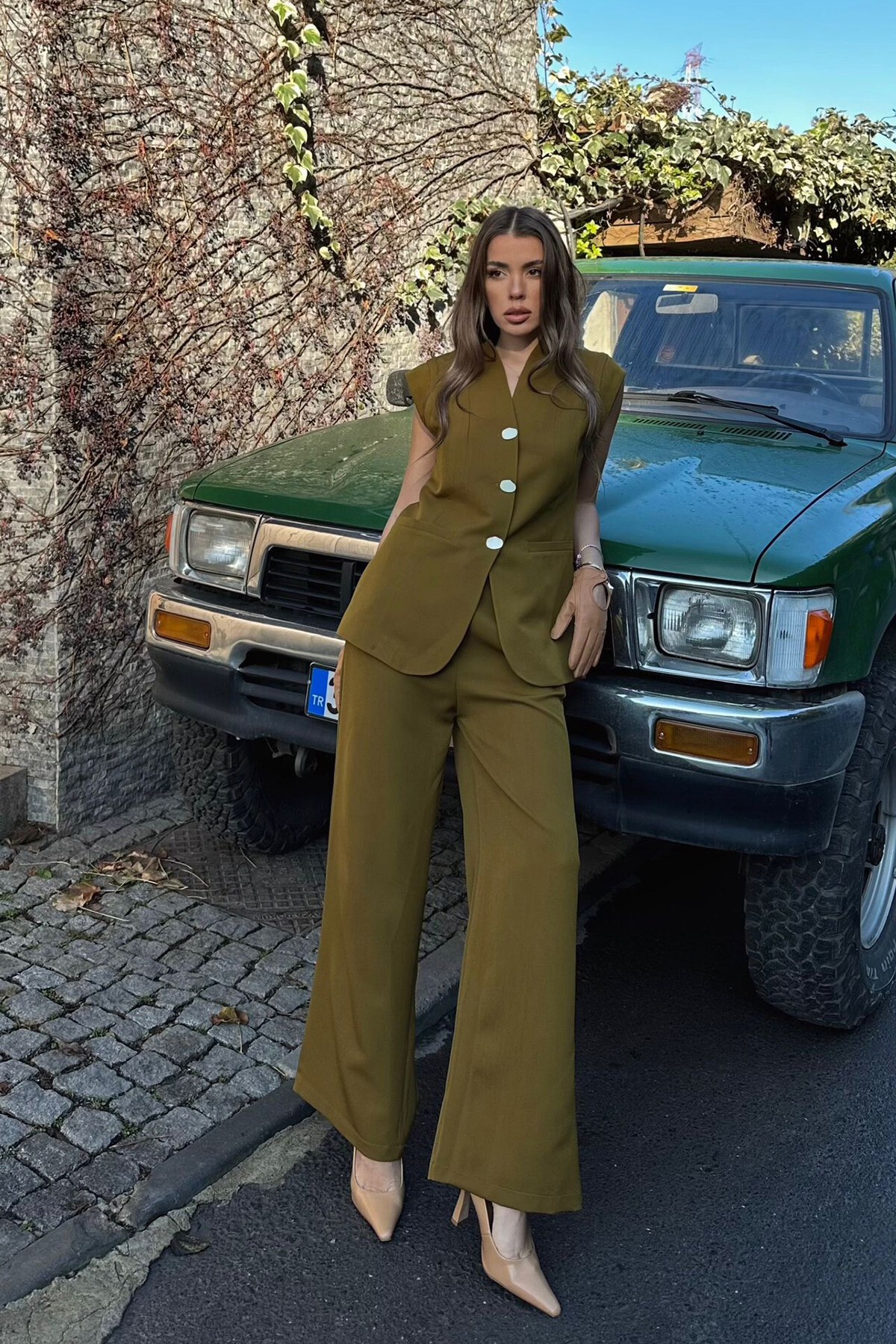 Haki Çift Cepli Düğmeli Yelek 