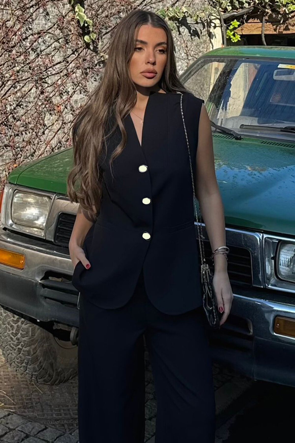 Lacivert Çift Cepli Düğmeli Yelek 