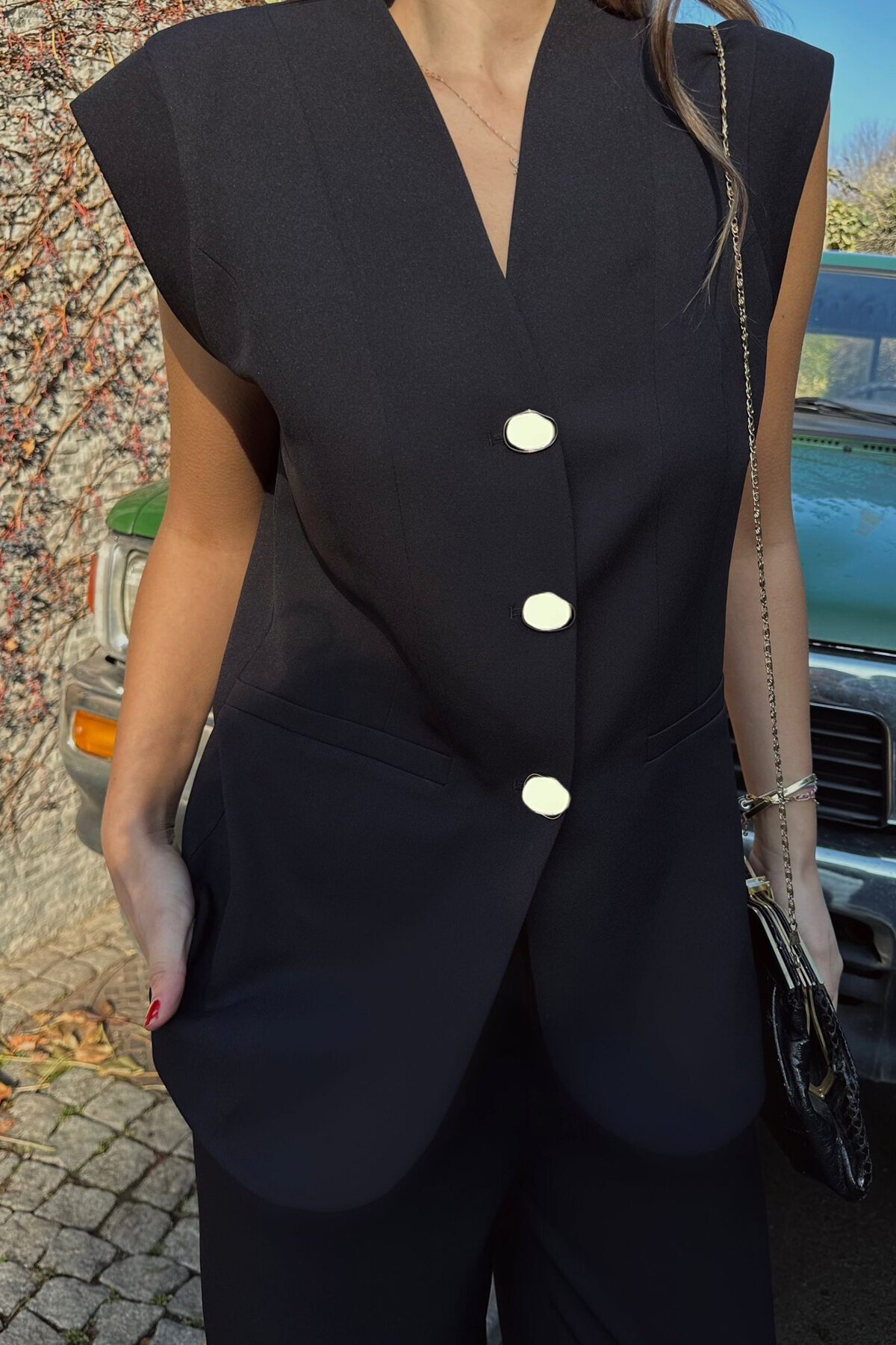 Lacivert Çift Cepli Düğmeli Yelek 