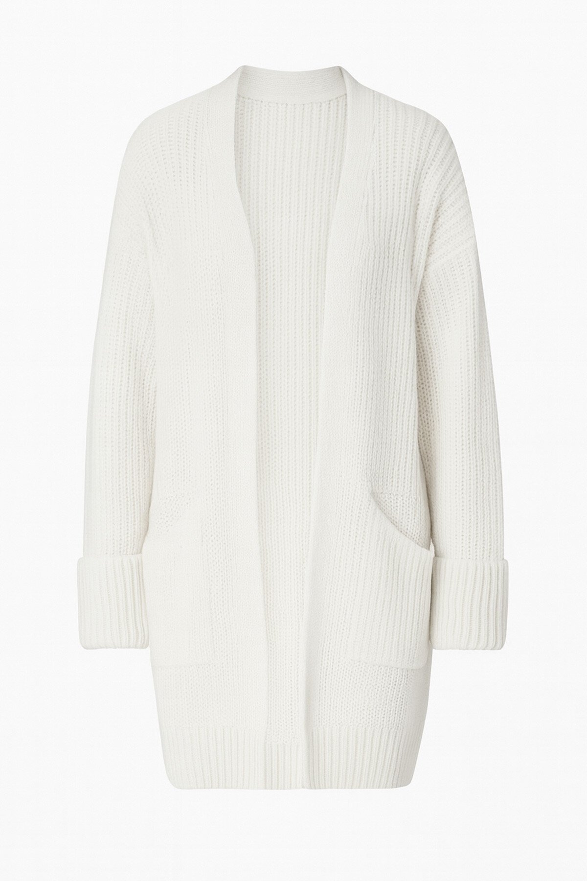 Ekru Çift Cepli Oversize Triko Hırka