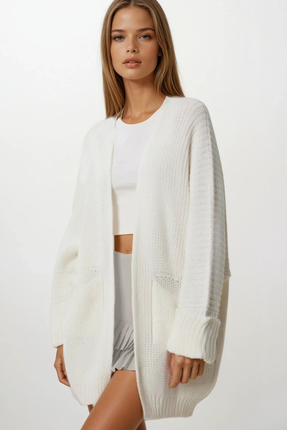 Ekru Çift Cepli Oversize Triko Hırka