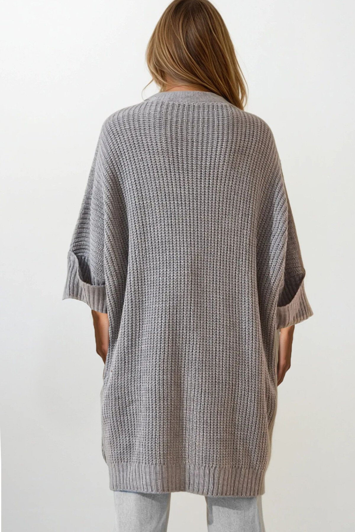 Gri Çift Cepli Oversize Triko Hırka