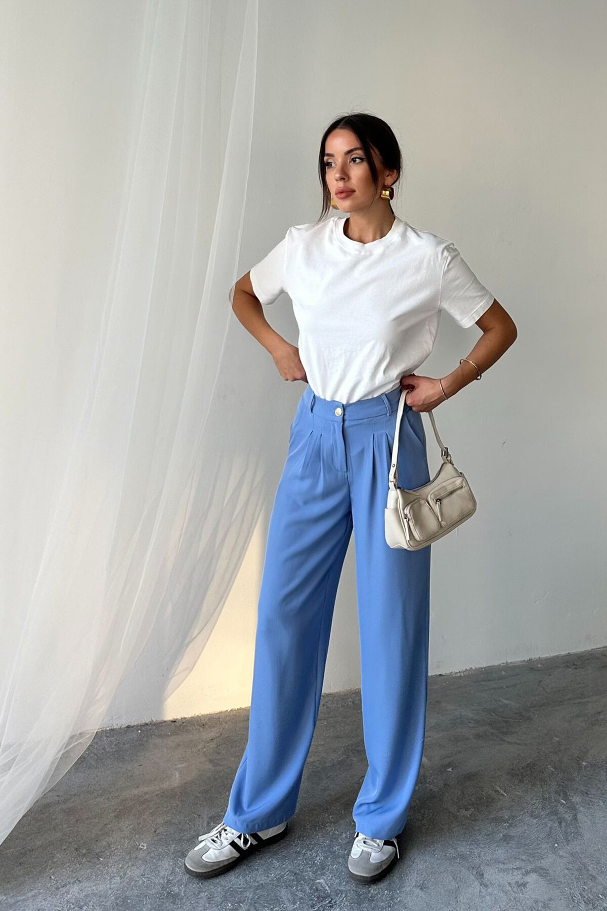 Mavi Çift Cepli Pileli Yüksek Bel Pantolon