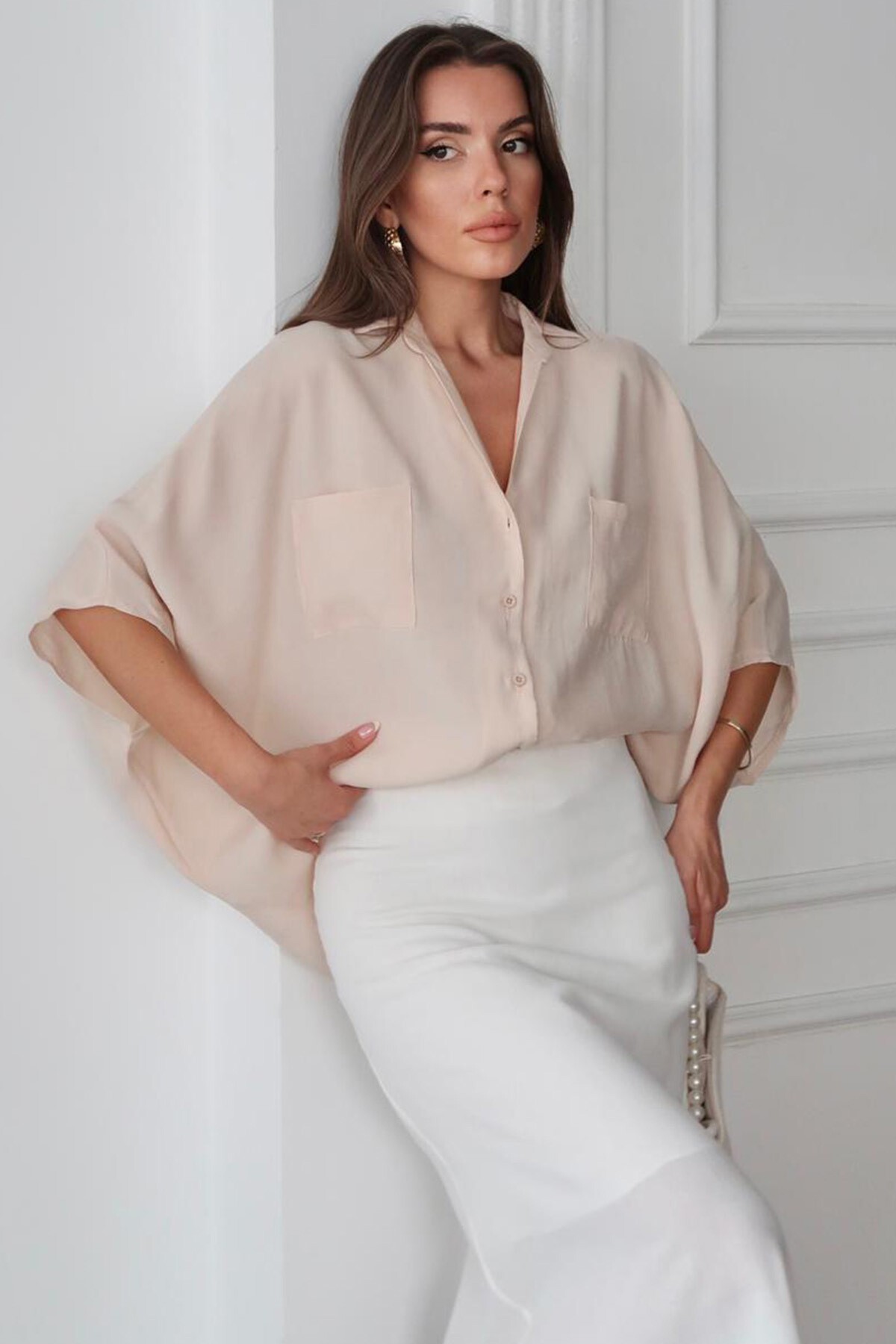 Bej Çift Cepli Yarasa Kol Gömlek