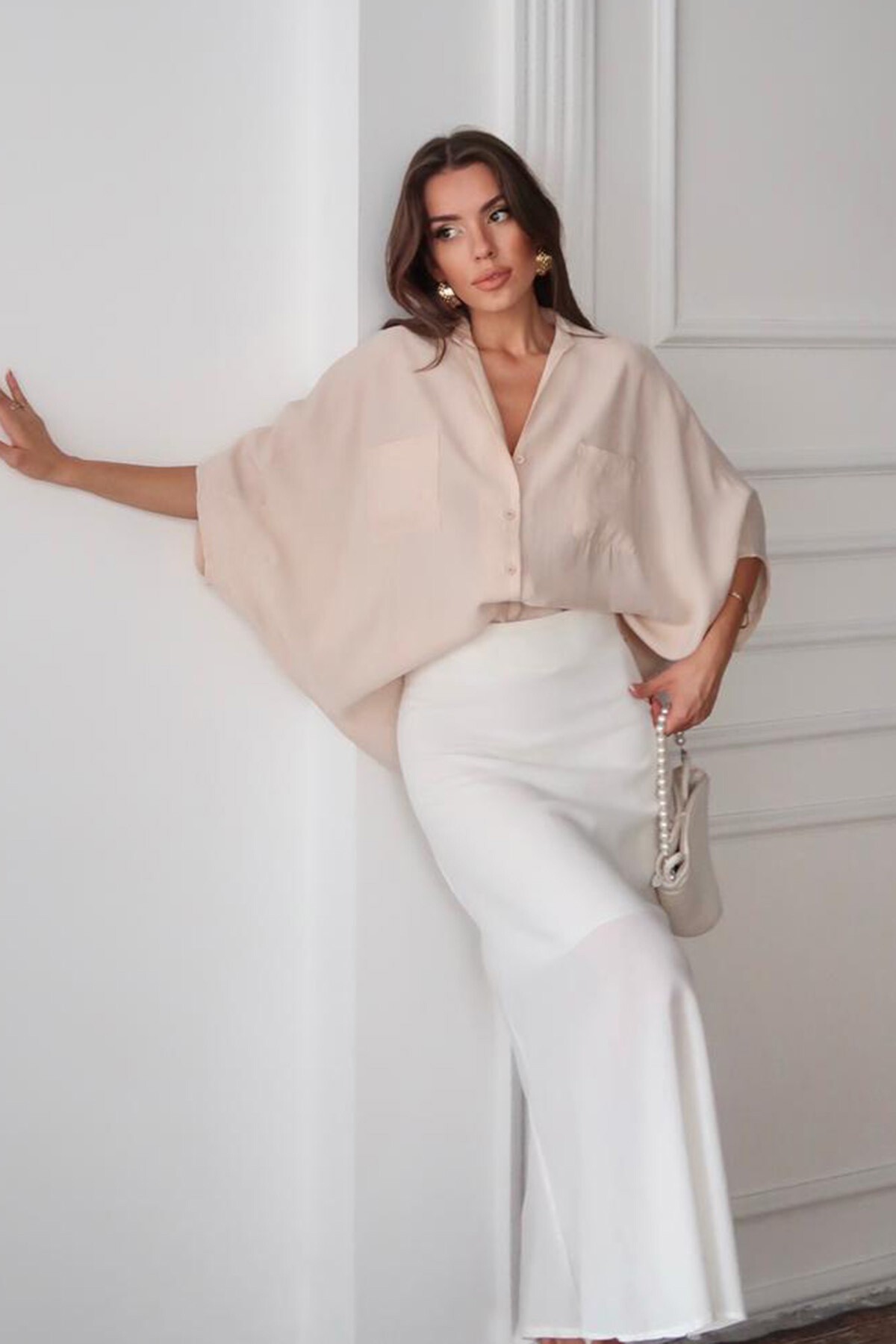 Bej Çift Cepli Yarasa Kol Gömlek