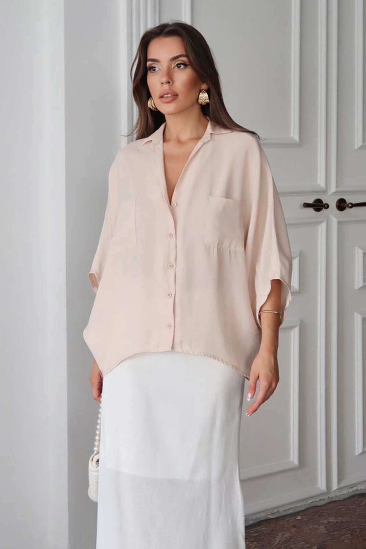 Bej Çift Cepli Yarasa Kol Gömlek