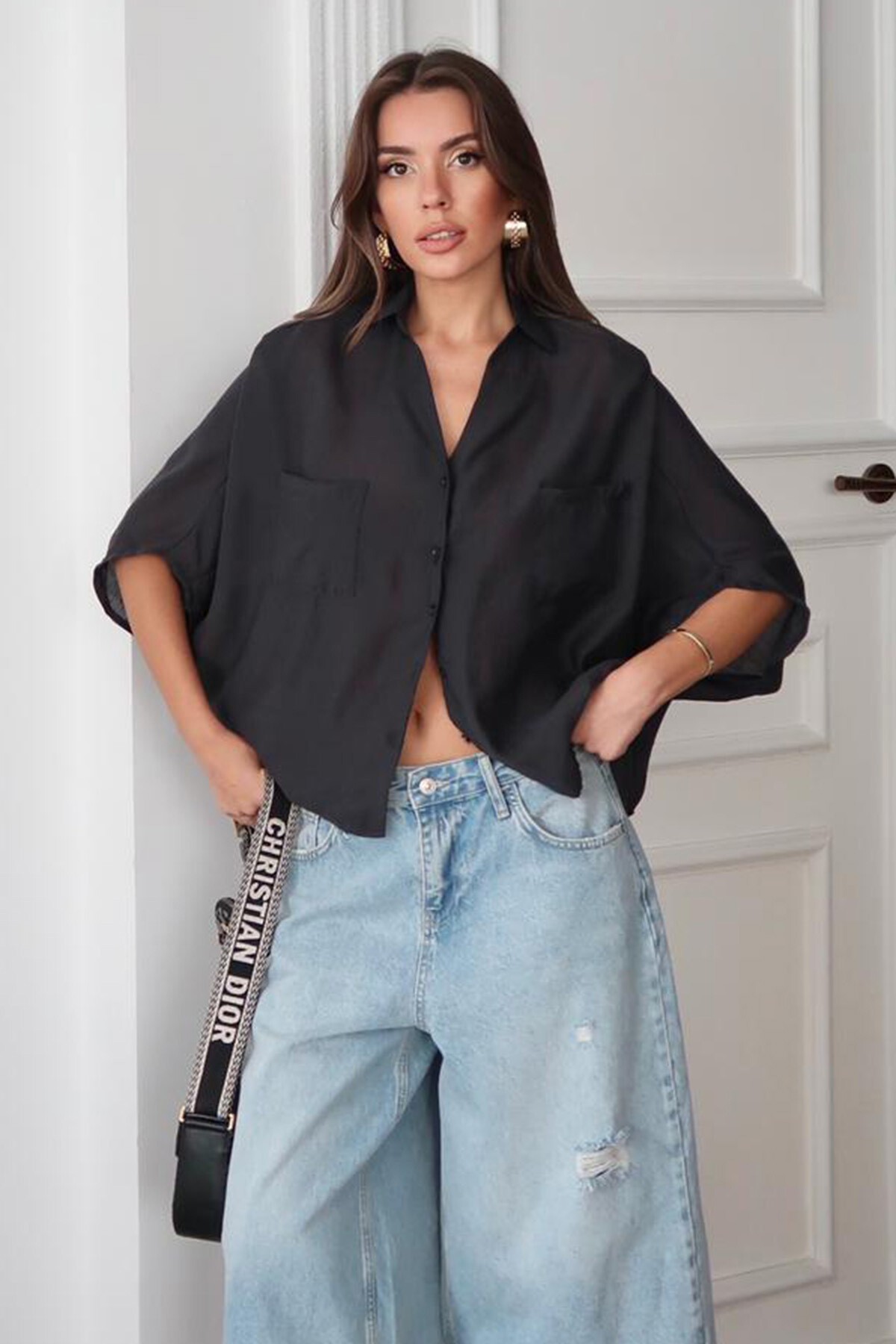 Siyah Çift Cepli Yarasa Kol Gömlek